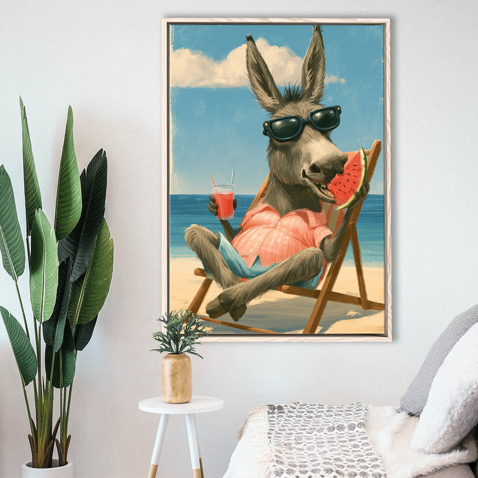 Donkey On The Beach, Summer Art, Pet Lover Art, Vintage Painting, Framed Canvas Print, Floating Frame