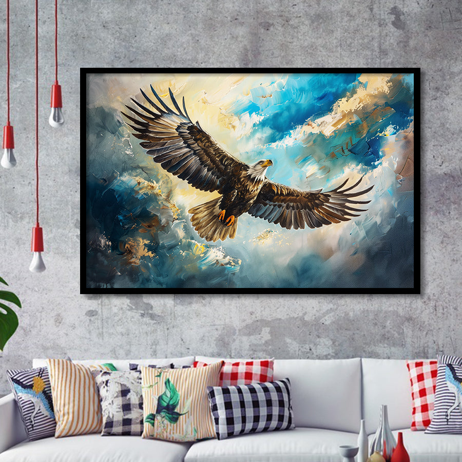 Eagle Flying In The Sky Oil Painting V1, Framed Art Print Wall Decor, Picture Framed Painting Art
