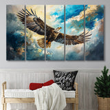 Eagle Flying In The Sky Oil Painting V1, Mixed 5 Panel B Canvas Print Wall Art Decor, Extra Large Painting Canvas