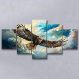 Eagle Flying In The Sky Oil Painting V1, Mixed 5 Panel Canvas Print Wall Art Home Decor, Large Canvas Painting