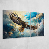 Eagle Flying In The Sky Oil Painting V1, Mixed 5 Panel B Canvas Print Wall Art Decor, Extra Large Painting Canvas