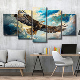 Eagle Flying In The Sky Oil Painting V1, Mixed 5 Panel Canvas Print Wall Art Home Decor, Large Canvas Painting