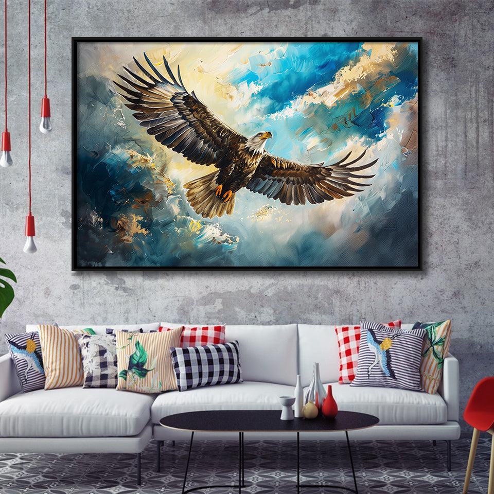 Eagle Flying In The Sky Oil Painting V1, Framed Canvas Print Wall Art Decor, Floating Frame Painting Canvas