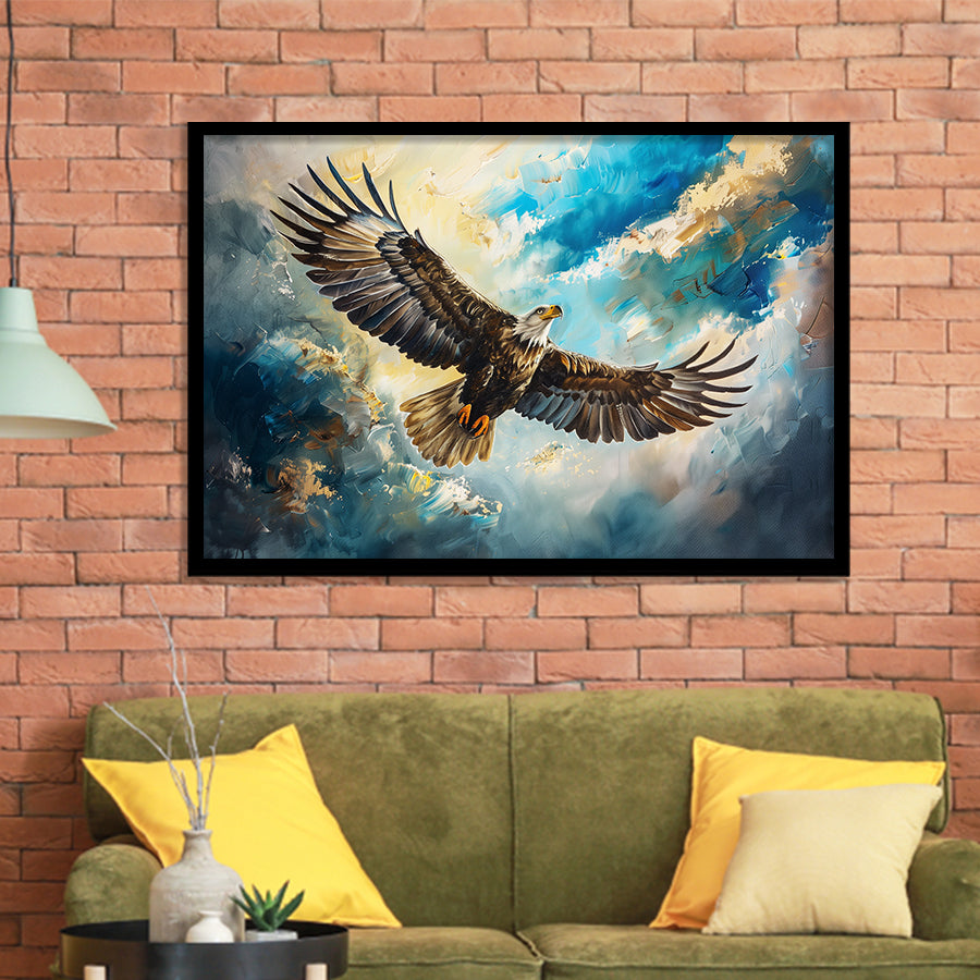 Eagle Flying In The Sky Oil Painting V1, Framed Art Print Wall Decor, Picture Framed Painting Art