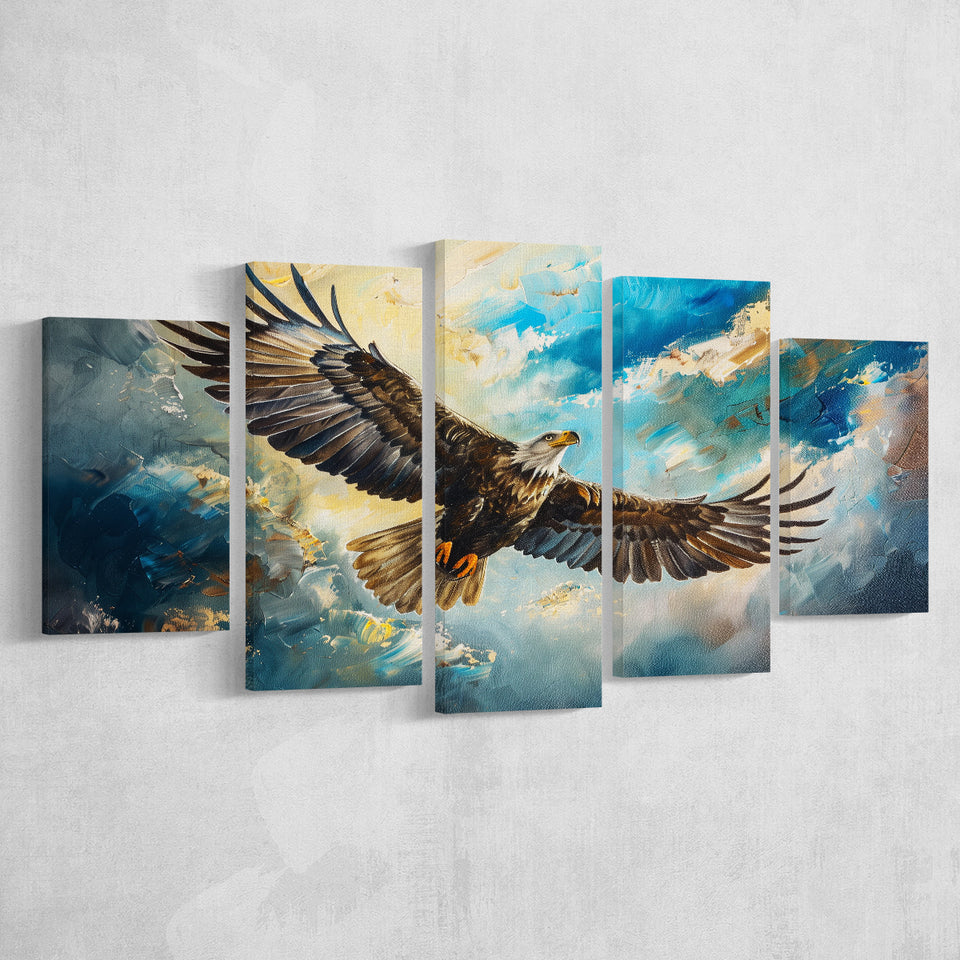 Eagle Flying In The Sky Oil Painting V1, Mixed 5 Panel Canvas Print Wall Art Home Decor, Large Canvas Painting