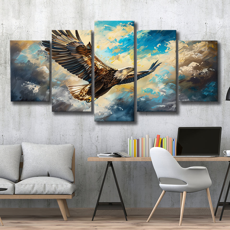 Eagle Flying In The Sky Oil Painting V3, Mixed 5 Panel Canvas Print Wall Art Home Decor, Large Canvas Painting