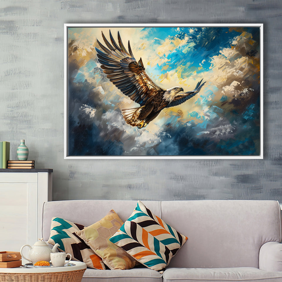 Eagle Flying In The Sky Oil Painting V3, Framed Canvas Print Wall Art Decor, Floating Frame Painting Canvas