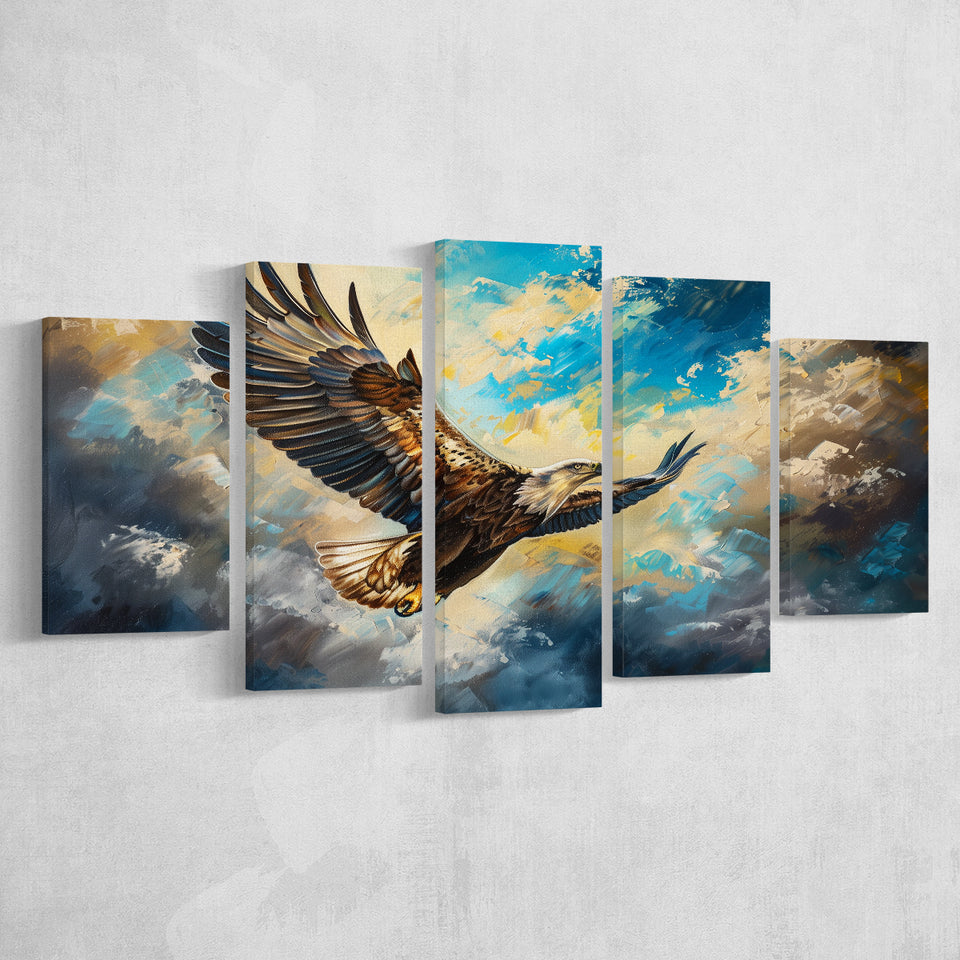 Eagle Flying In The Sky Oil Painting V3, Mixed 5 Panel Canvas Print Wall Art Home Decor, Large Canvas Painting