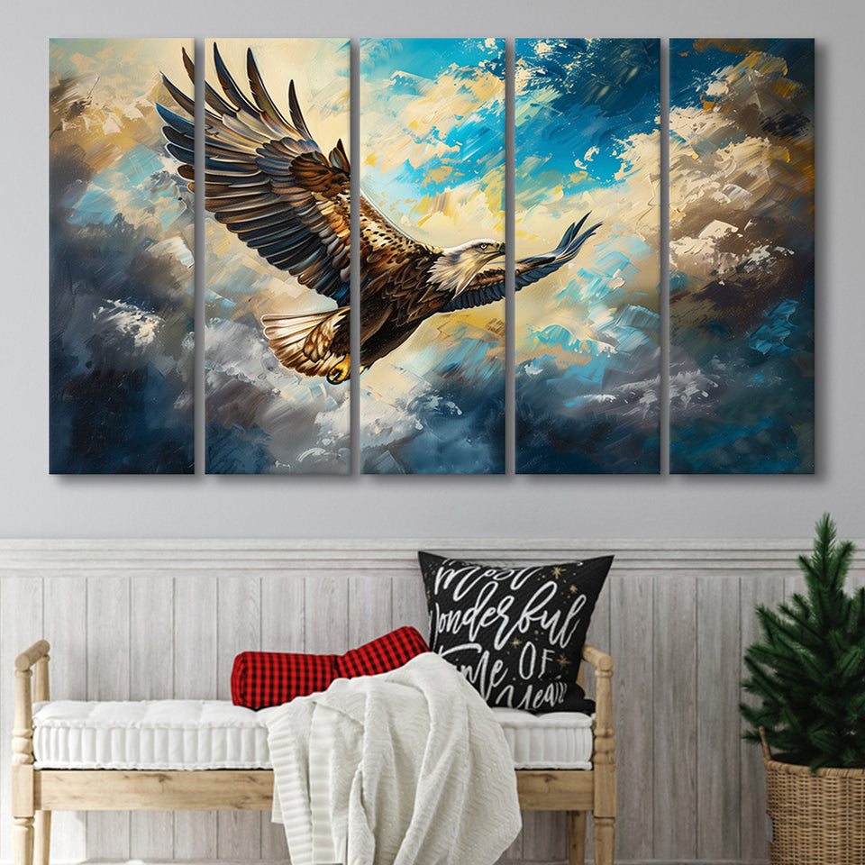 Eagle Flying In The Sky Oil Painting V3, Mixed 5 Panel B Canvas Print Wall Art Decor, Extra Large Painting Canvas