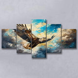 Eagle Flying In The Sky Oil Painting V3, Mixed 5 Panel Canvas Print Wall Art Home Decor, Large Canvas Painting