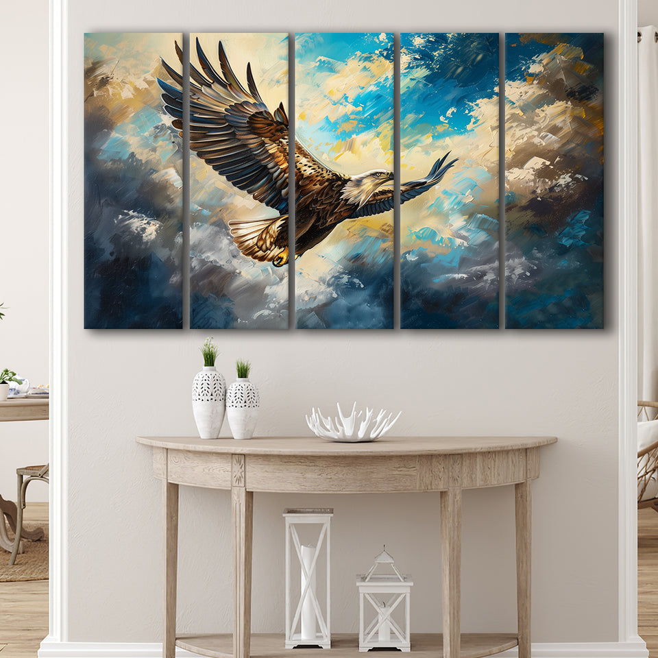 Eagle Flying In The Sky Oil Painting V3, Mixed 5 Panel B Canvas Print Wall Art Decor, Extra Large Painting Canvas