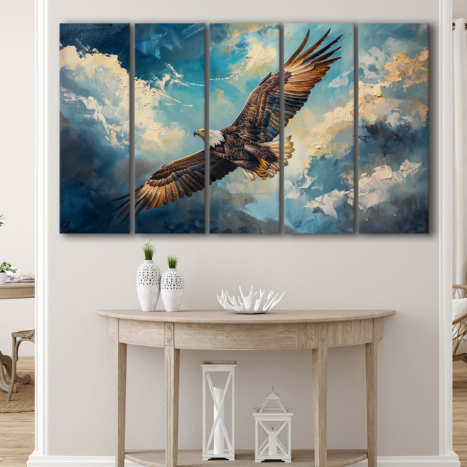 Eagle Flying In The Sky Oil Painting  V2, Mixed 5 Panel B Canvas Print Wall Art Decor, Extra Large Painting Canvas