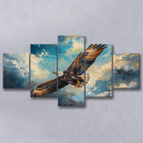 Eagle Flying In The Sky Oil Painting  V2, Mixed 5 Panel Canvas Print Wall Art Home Decor, Large Canvas Painting