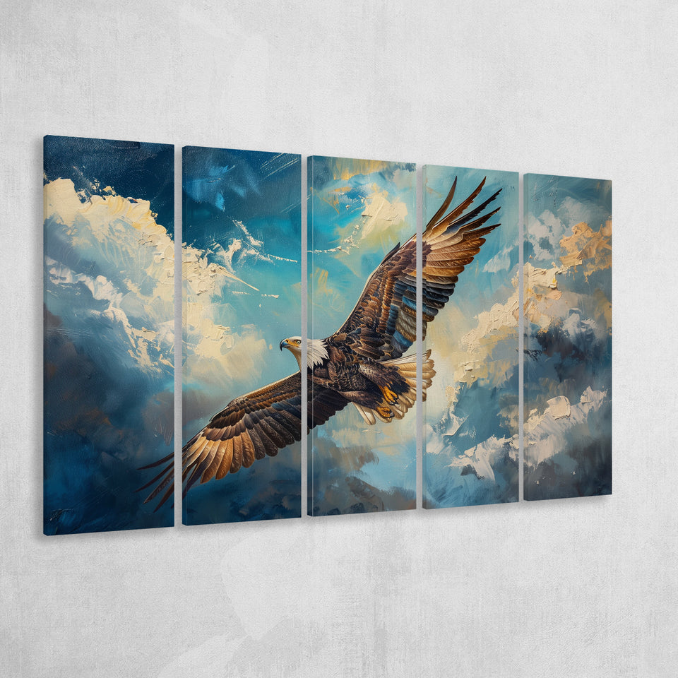 Eagle Flying In The Sky Oil Painting  V2, Mixed 5 Panel B Canvas Print Wall Art Decor, Extra Large Painting Canvas