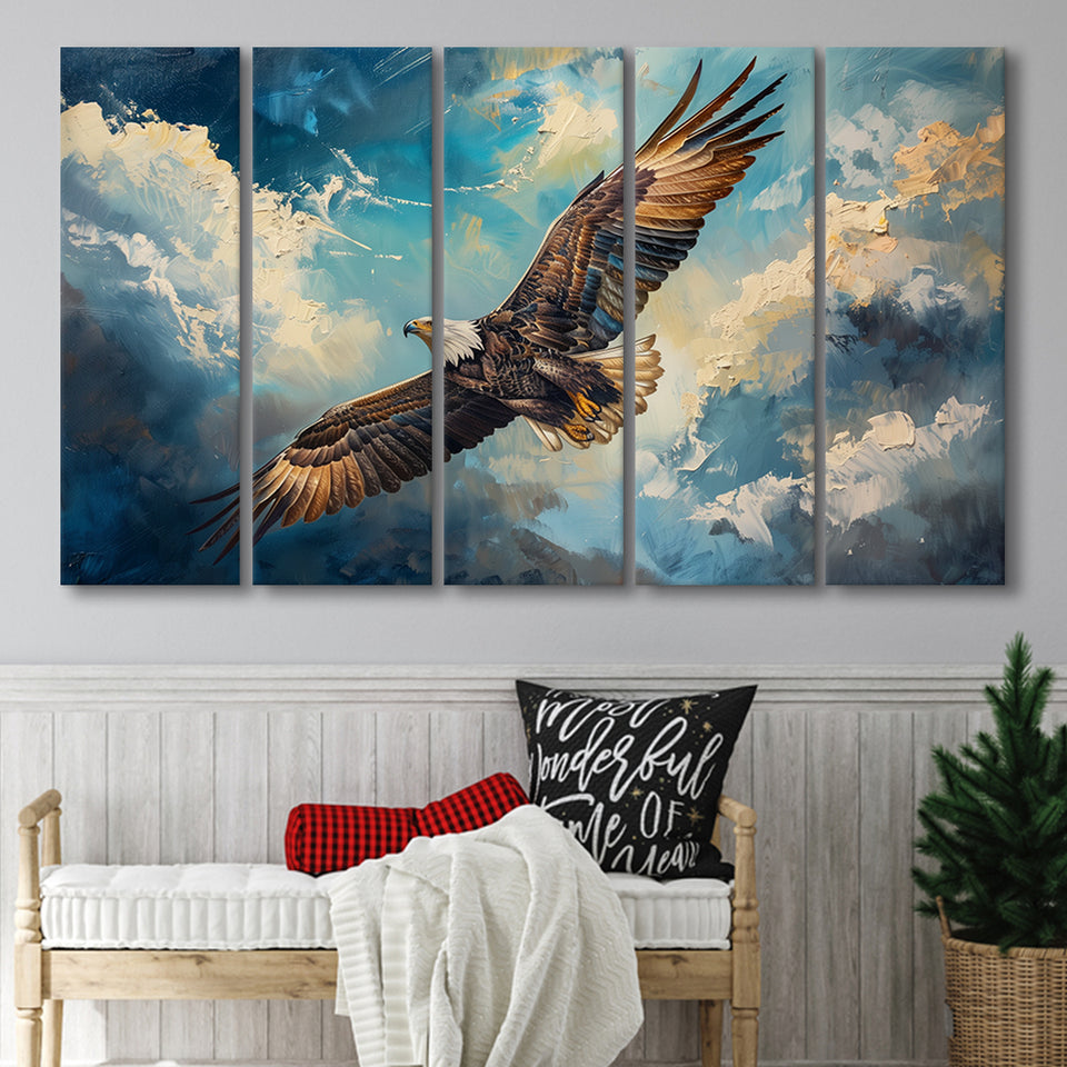 Eagle Flying In The Sky Oil Painting  V2, Mixed 5 Panel B Canvas Print Wall Art Decor, Extra Large Painting Canvas