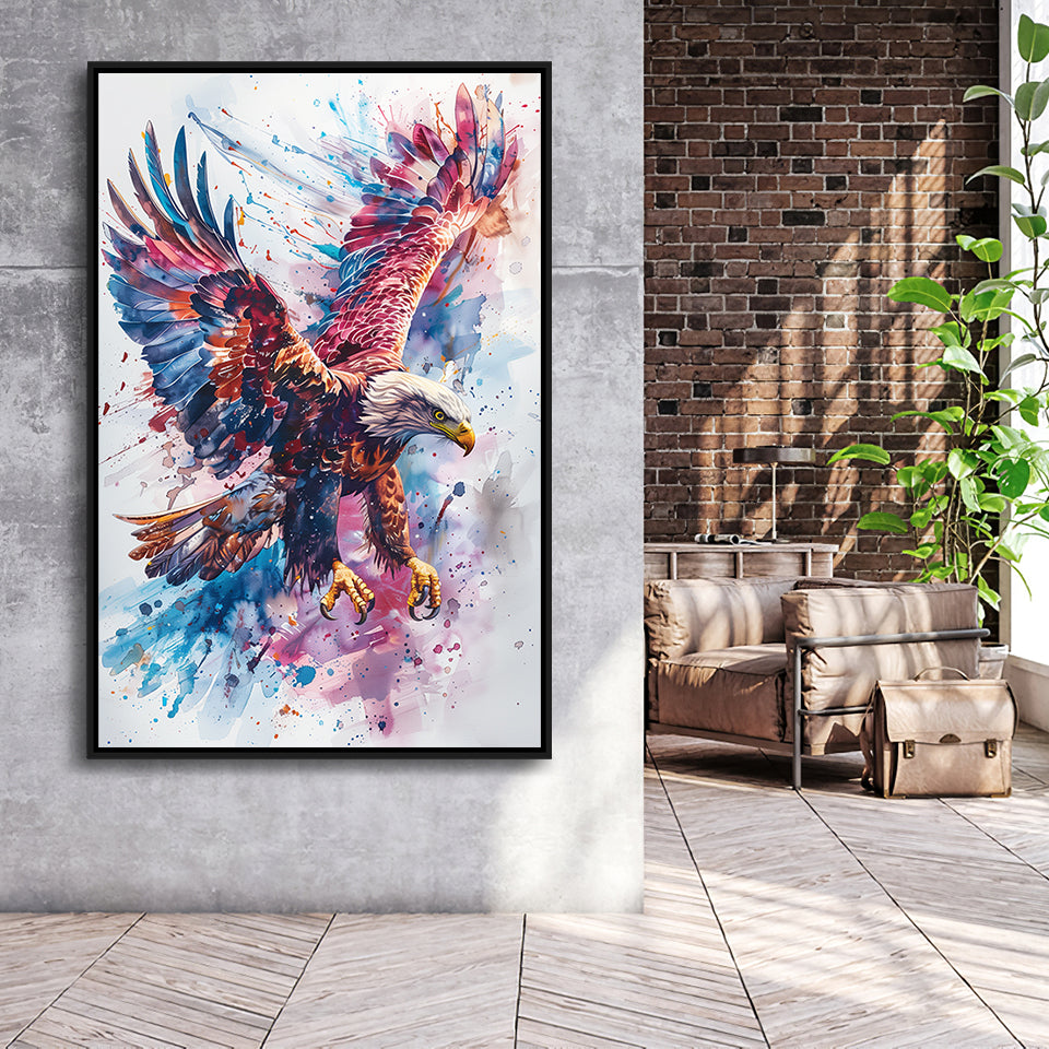 Eagle Spread Its Wings In The Sky Watercolor, Framed Canvas Prints Wall Art Decor, Floating Frame