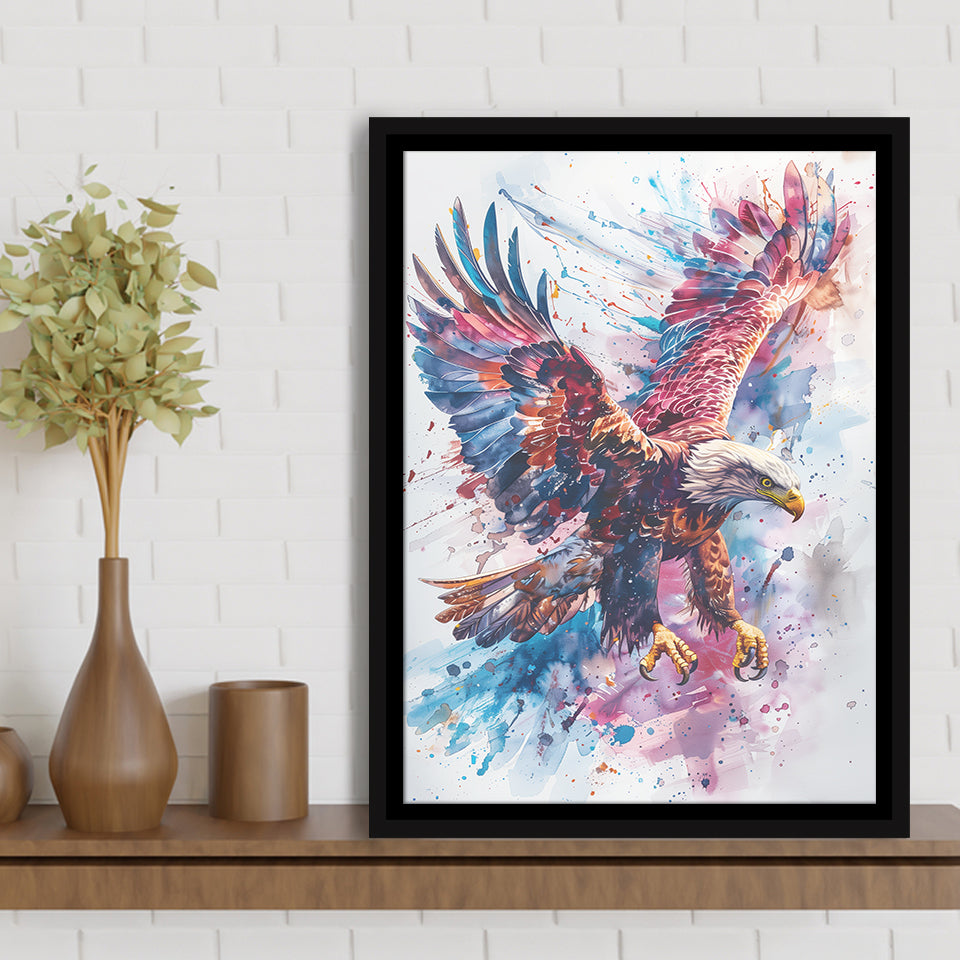 Eagle Spread Its Wings In The Sky Watercolor, Framed Canvas Prints Wall Art Decor, Floating Frame