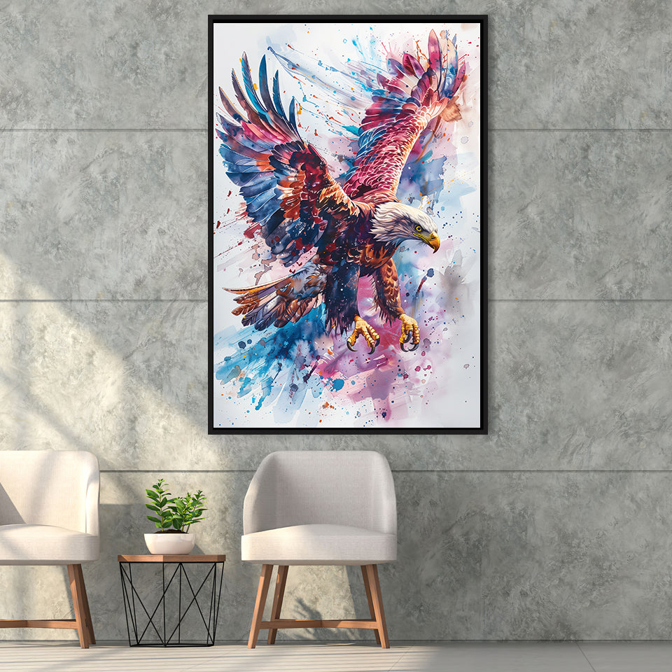 Eagle Spread Its Wings In The Sky Watercolor, Framed Canvas Prints Wall Art Decor, Floating Frame