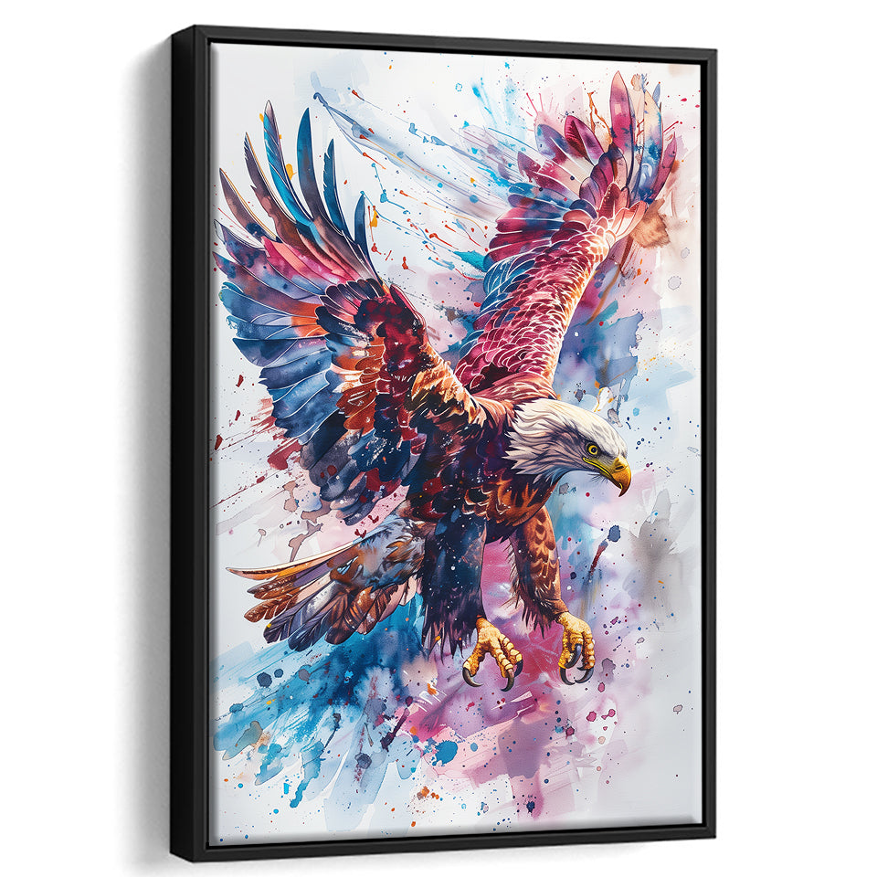 Eagle Spread Its Wings In The Sky Watercolor, Framed Canvas Prints Wall Art Decor, Floating Frame