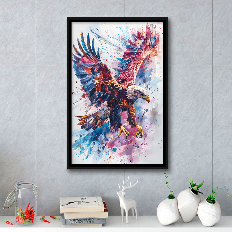 Eagle Spread Its Wings In The Sky Watercolor, Framed Canvas Prints Wall Art Decor, Floating Frame