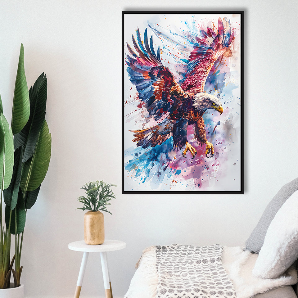 Eagle Spread Its Wings In The Sky Watercolor, Framed Canvas Prints Wall Art Decor, Floating Frame