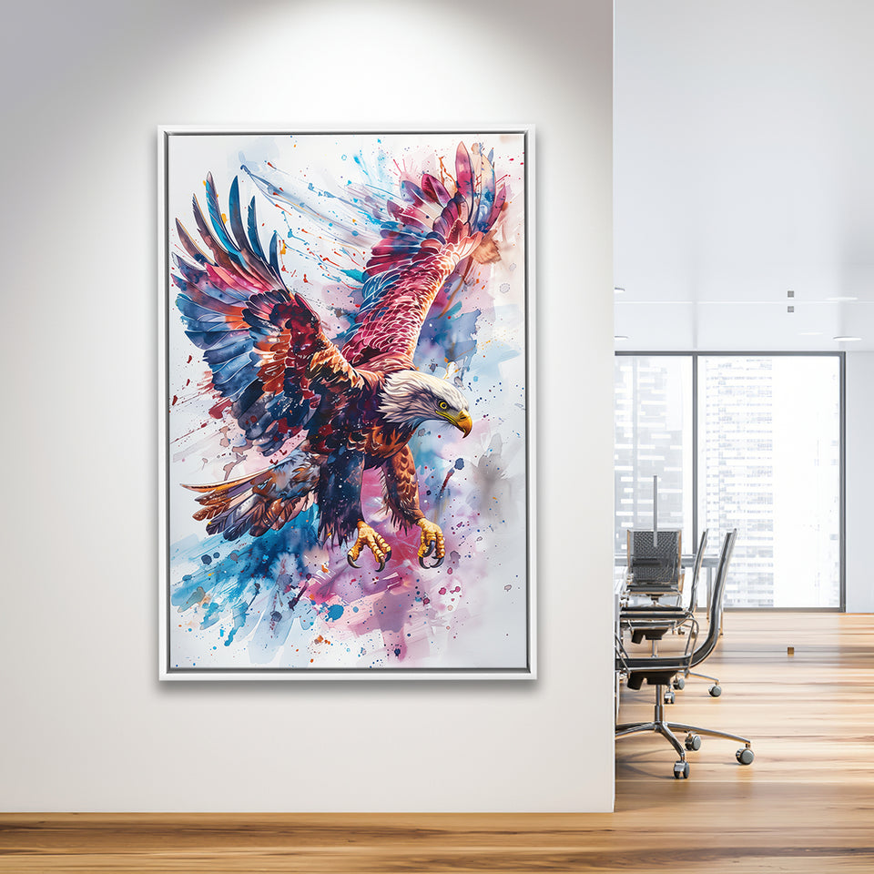 Eagle Spread Its Wings In The Sky Watercolor, Framed Canvas Prints Wall Art Decor, Floating Frame