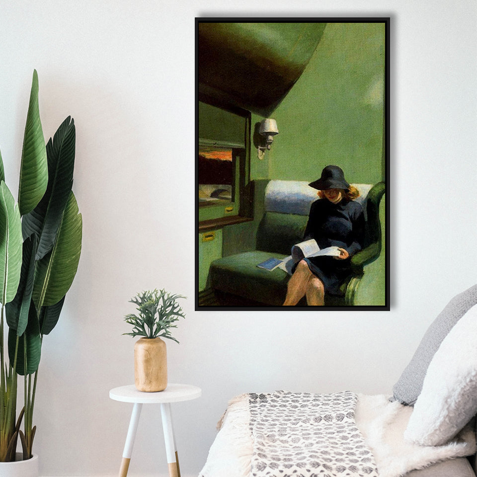 Edward Hopper, Woman On Train Painting,Woman Reading Art Decor,Framed Canvas Prints Wall Art Decor, Floating Frame