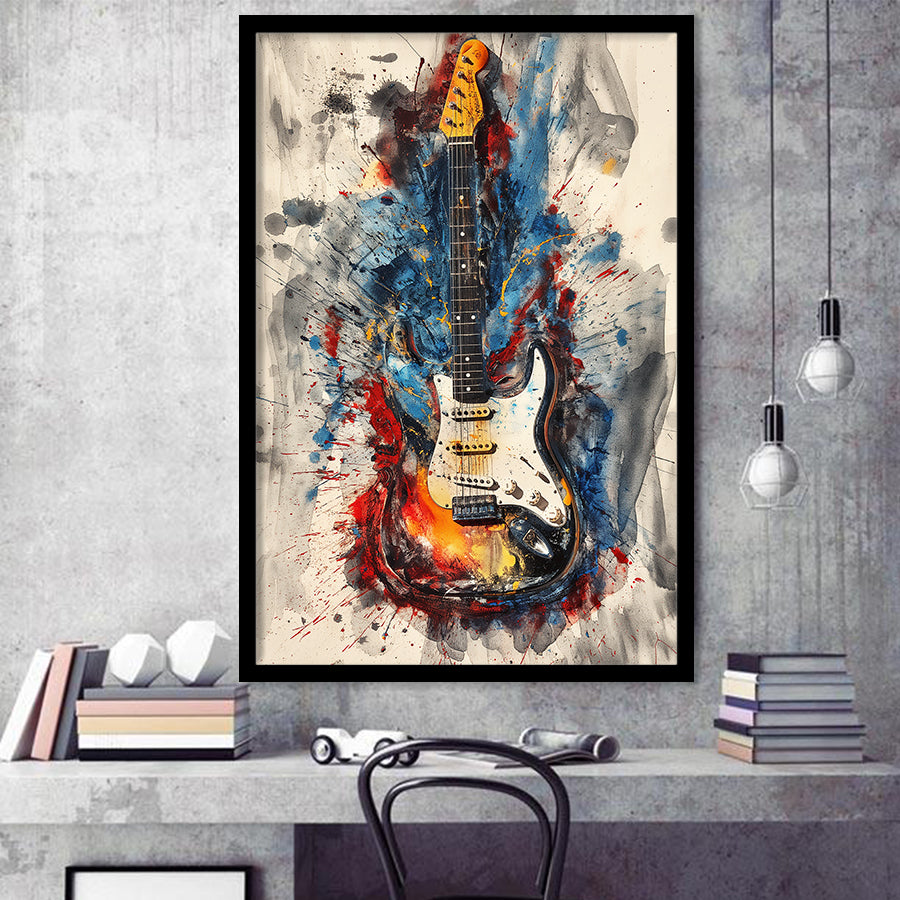 Electric Guita Art Watercolor Mixed Color Painting, Framed Art Prints Wall Decor, Picture Framed Painting