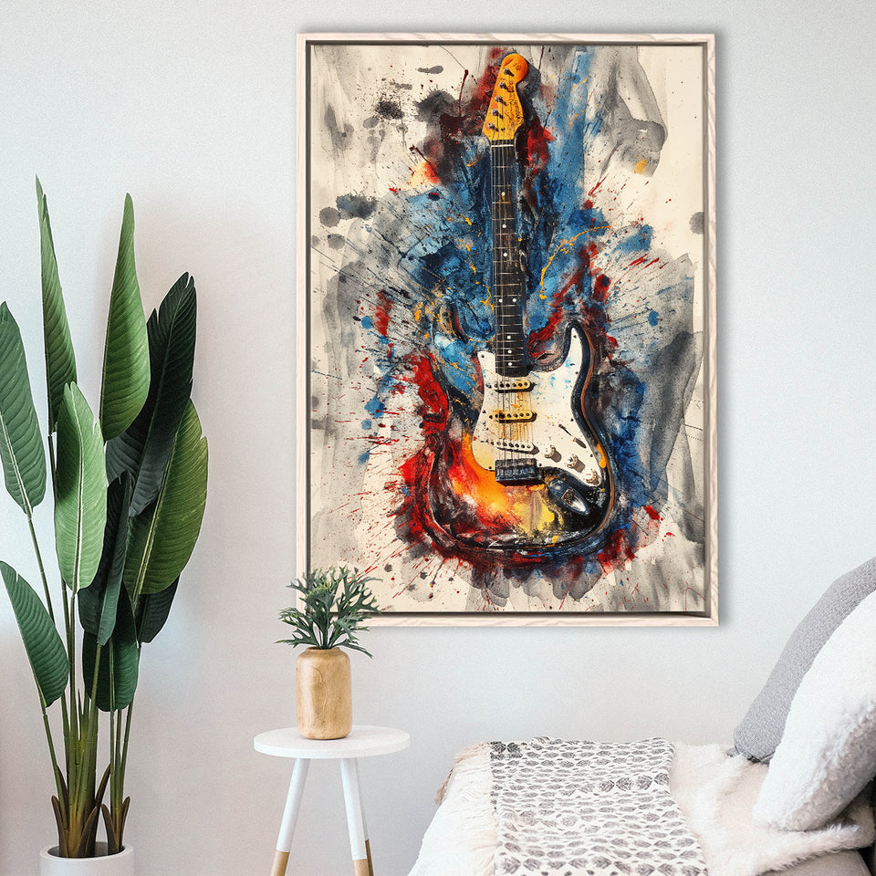 Electric Guita Art Watercolor Mixed Color Painting, Framed Canvas Prints Wall Art Decor, Floarting Frame Painting Canvas Art