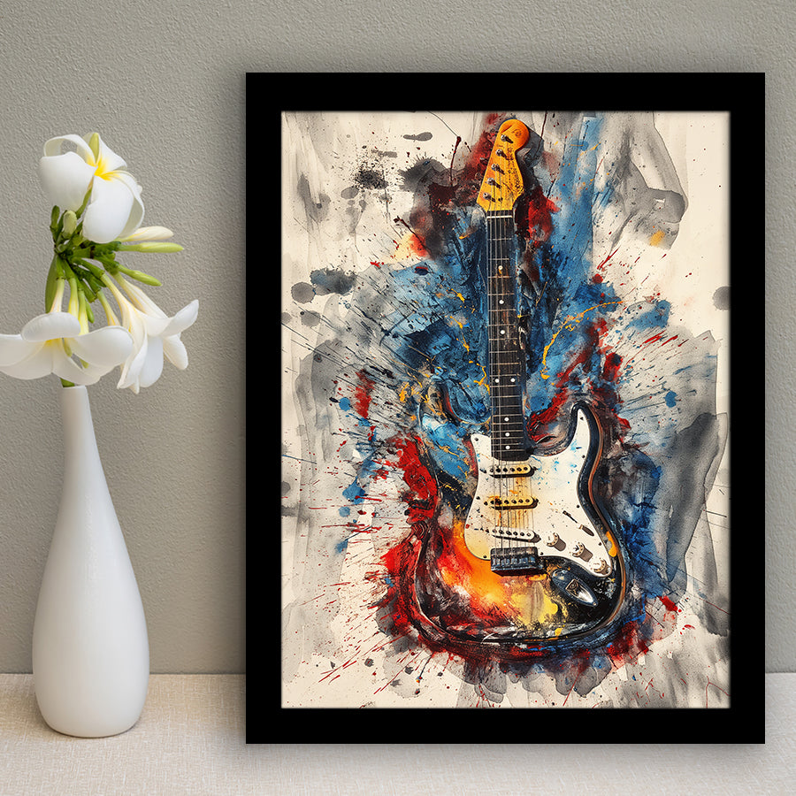 Electric Guita Art Watercolor Mixed Color Painting, Framed Art Prints Wall Decor, Picture Framed Painting