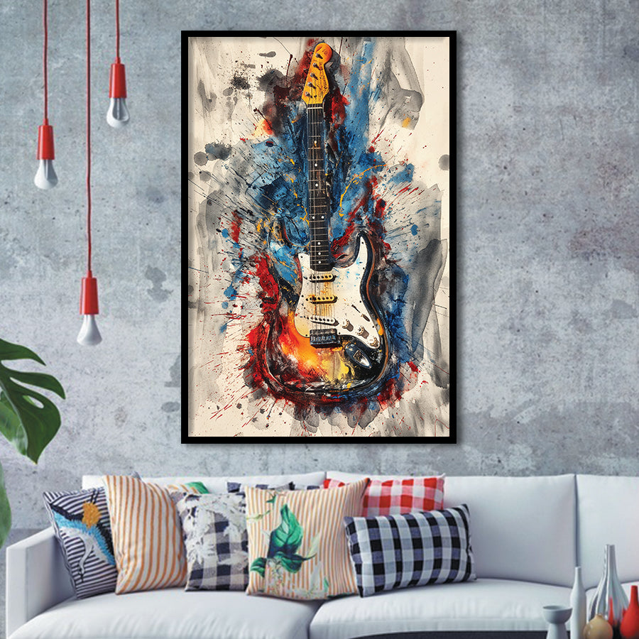Electric Guita Art Watercolor Mixed Color Painting, Framed Art Prints Wall Decor, Picture Framed Painting