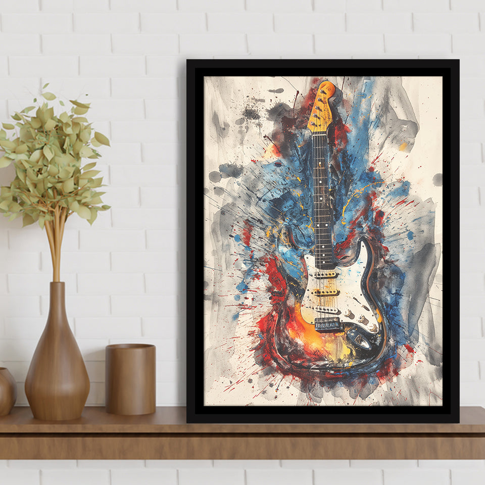 Electric Guita Art Watercolor Mixed Color Painting, Framed Canvas Prints Wall Art Decor, Floarting Frame Painting Canvas Art