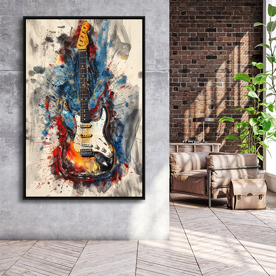 Electric Guita Art Watercolor Mixed Color Painting, Framed Canvas Prints Wall Art Decor, Floarting Frame Painting Canvas Art