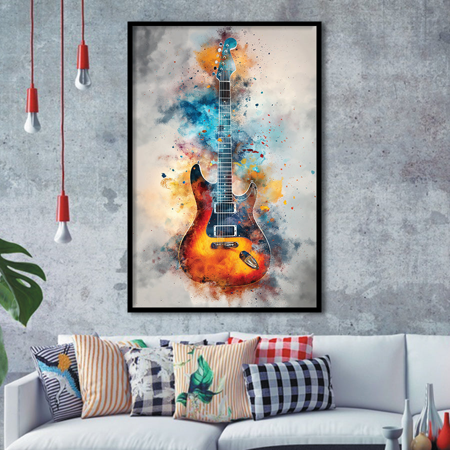Electric Guita Watercolor Painting Art, Framed Art Prints Wall Decor, Picture Framed Painting