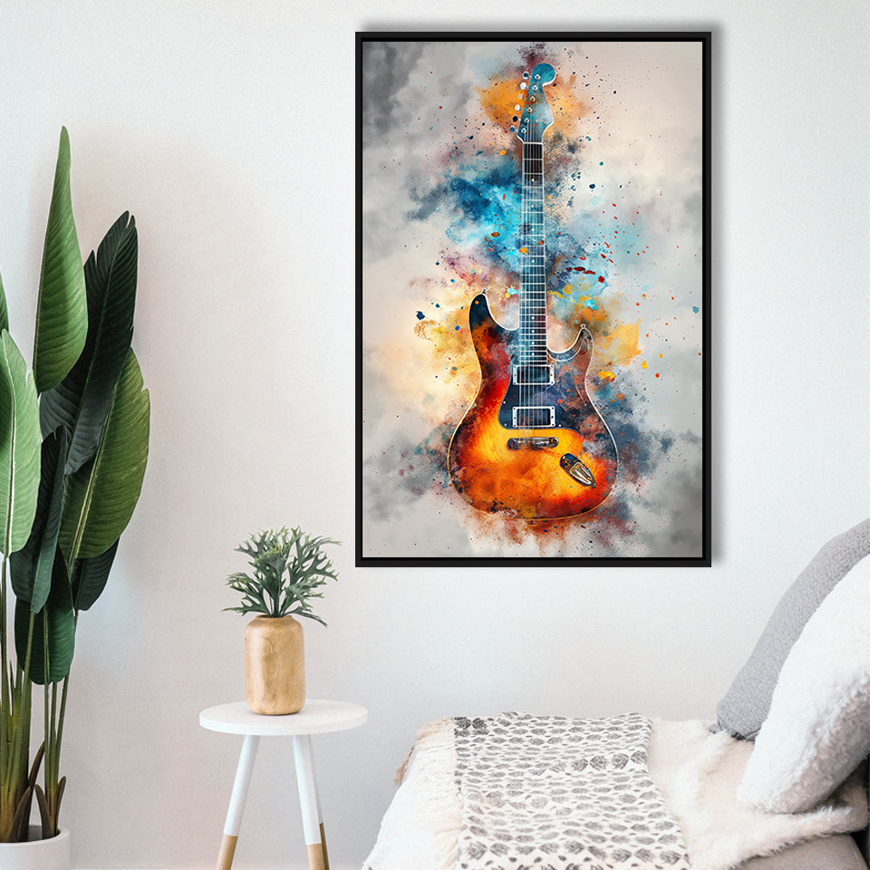Electric Guita Watercolor Painting Art, Framed Canvas Prints Wall Art Decor, Floarting Frame Painting Canvas Art
