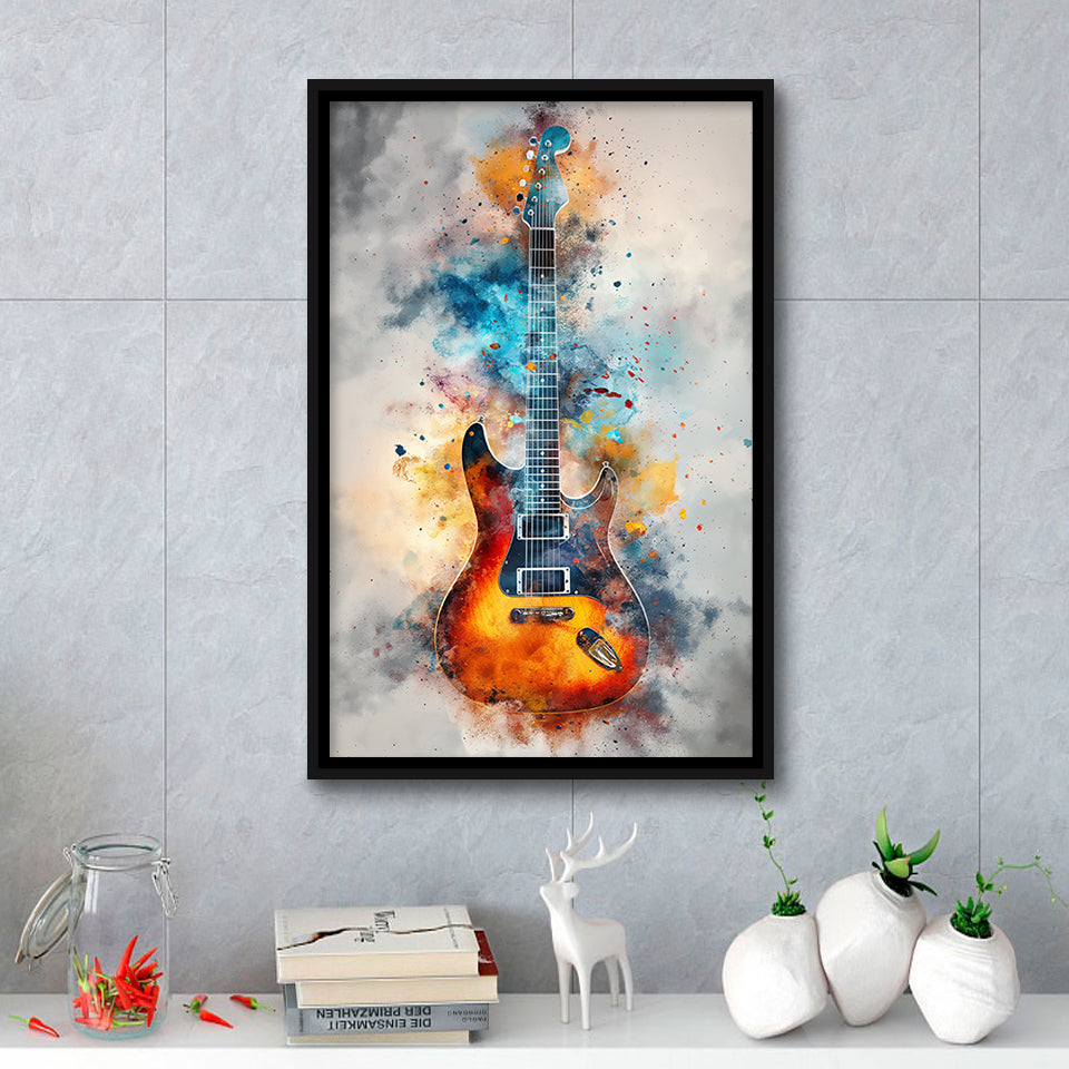 Electric Guita Watercolor Painting Art, Framed Canvas Prints Wall Art Decor, Floarting Frame Painting Canvas Art