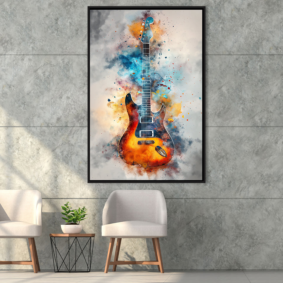 Electric Guita Watercolor Painting Art, Framed Canvas Prints Wall Art Decor, Floarting Frame Painting Canvas Art