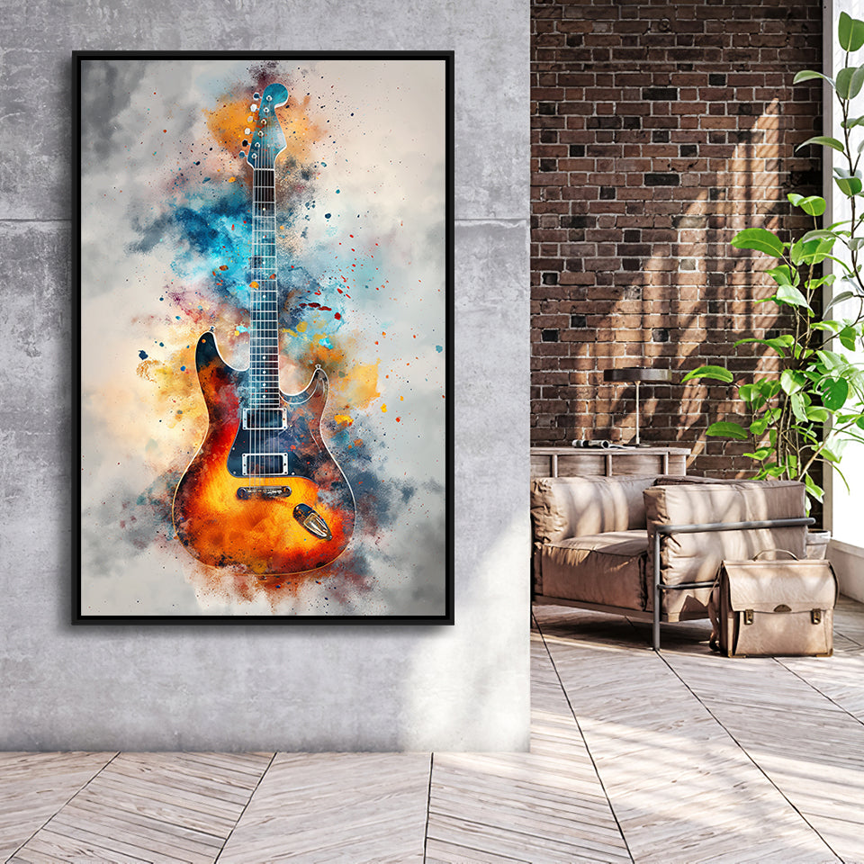 Electric Guita Watercolor Painting Art, Framed Canvas Prints Wall Art Decor, Floarting Frame Painting Canvas Art