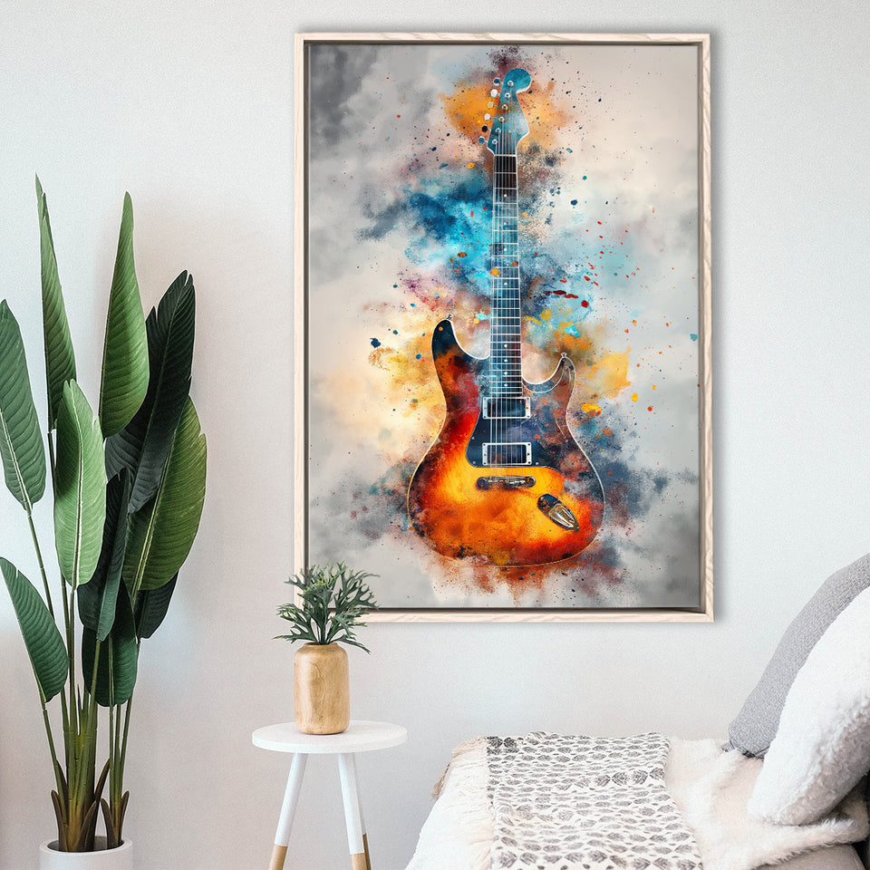 Electric Guita Watercolor Painting Art, Framed Canvas Prints Wall Art Decor, Floarting Frame Painting Canvas Art