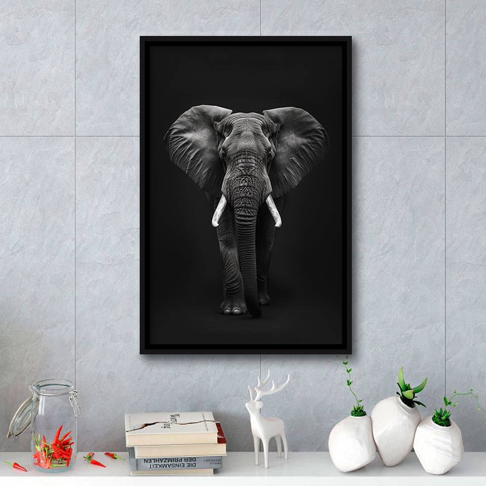 Elephant Portrait Black And White V1, Framed Canvas Prints Wall Art Decor, Floarting Frame Painting Canvas Art