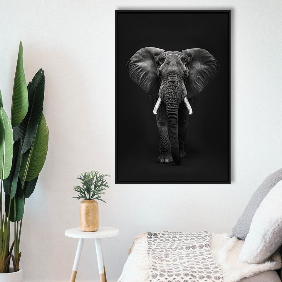 Elephant Portrait Black And White V1, Framed Canvas Prints Wall Art Decor, Floarting Frame Painting Canvas Art