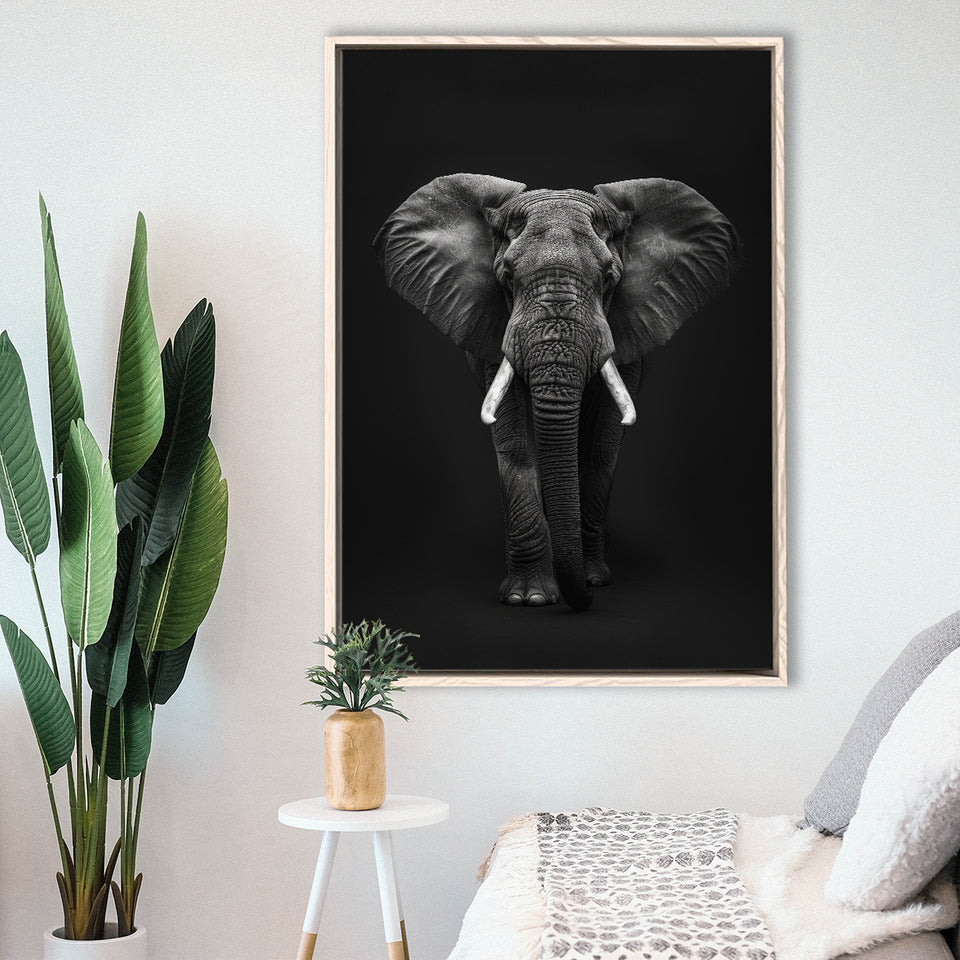 Elephant Portrait Black And White V1, Framed Canvas Prints Wall Art Decor, Floarting Frame Painting Canvas Art