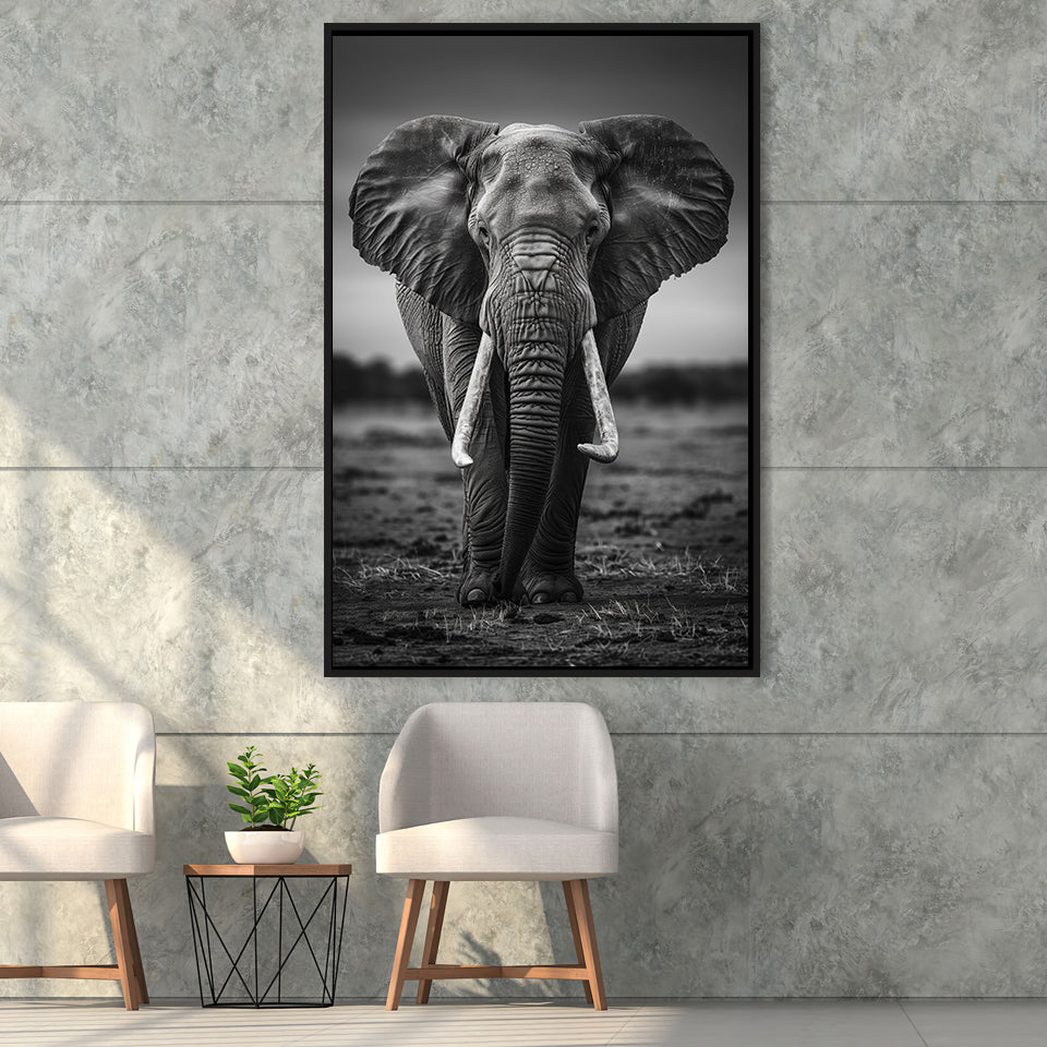 Elephant Portrait Black And White V2, Framed Canvas Prints Wall Art Decor, Floarting Frame Painting Canvas Art