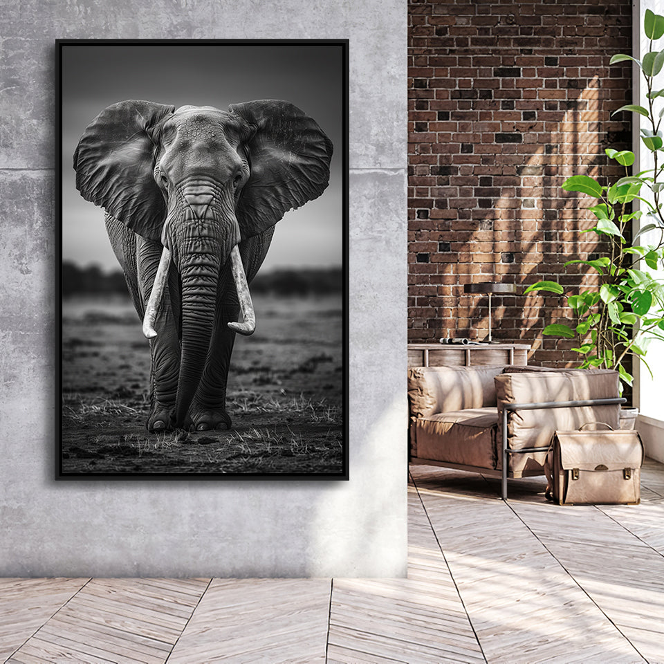 Elephant Portrait Black And White V2, Framed Canvas Prints Wall Art Decor, Floarting Frame Painting Canvas Art