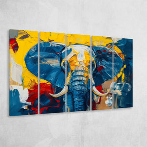 Elephant Portrait Mixed Color Painting, Mixed 5 Panel B Canvas Print Wall Art Decor, Extra Large Painting Canvas