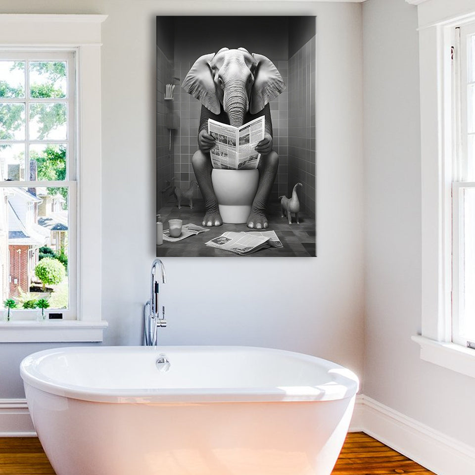 Elephant Print Canvas Prints Wall Art, Funny Bathroom Decor, Elephant in Toilet