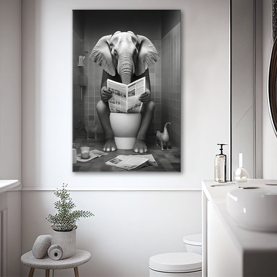 Elephant Print Canvas Prints Wall Art, Funny Bathroom Decor, Elephant in Toilet
