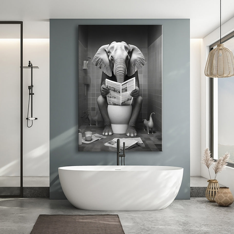 Elephant Print Canvas Prints Wall Art, Funny Bathroom Decor, Elephant in Toilet