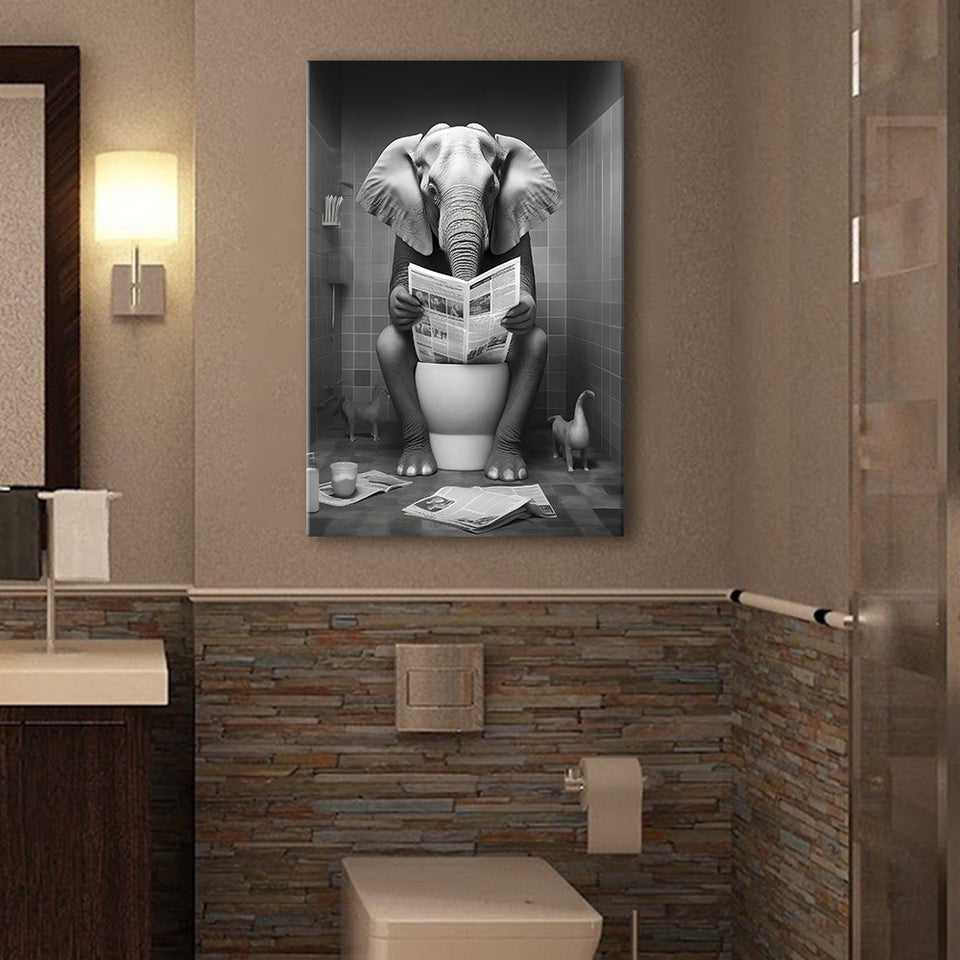Elephant Print Canvas Prints Wall Art, Funny Bathroom Decor, Elephant in Toilet