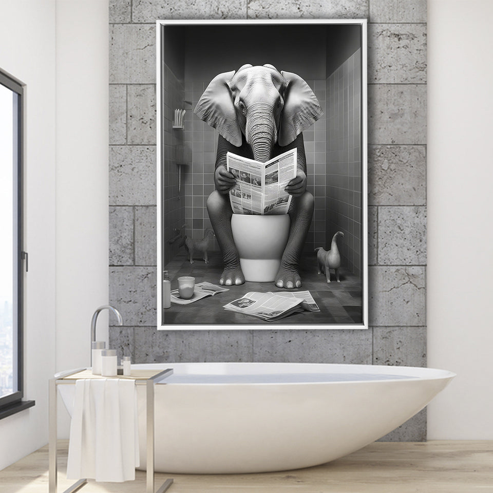 Elephant Print Framed Canvas Prints Wall Art, Funny Bathroom Decor, Elephant In Toilet